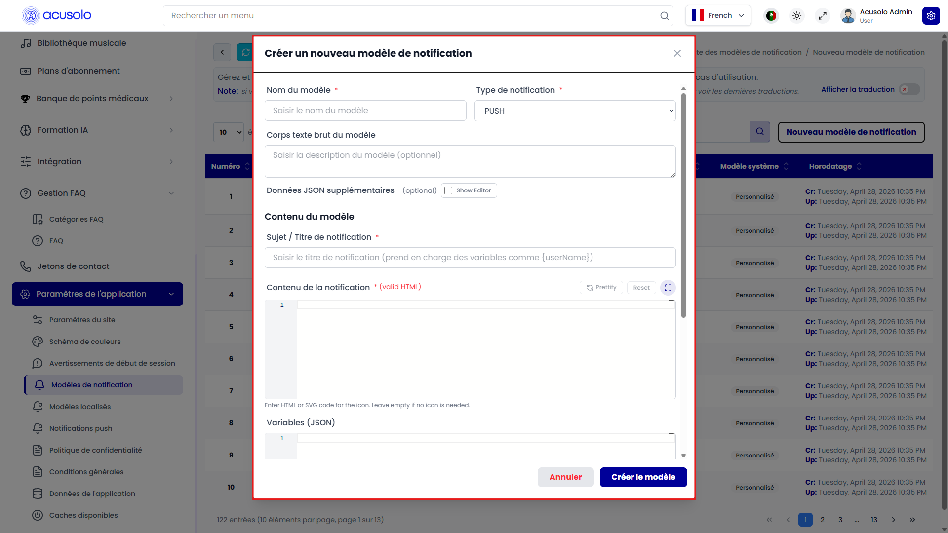 Create notification template modal