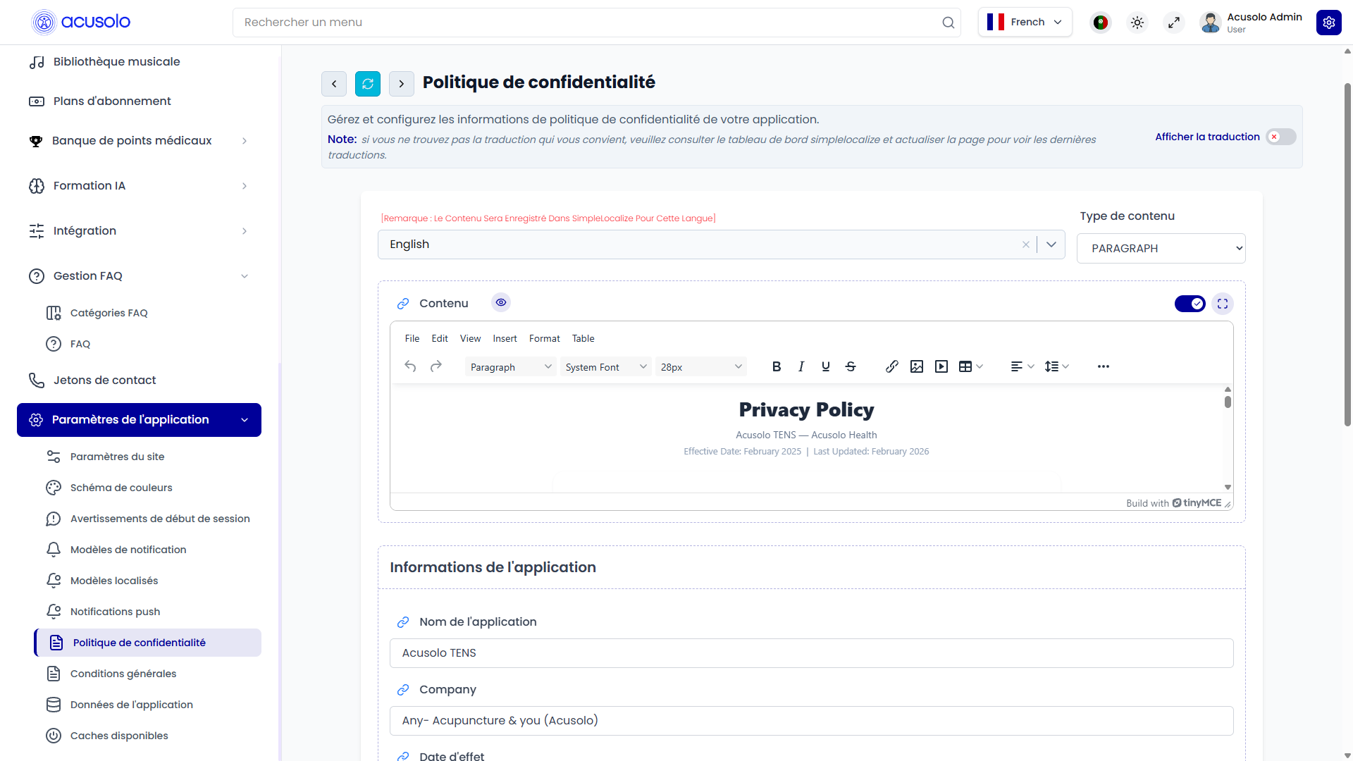 Manage privacy policy page