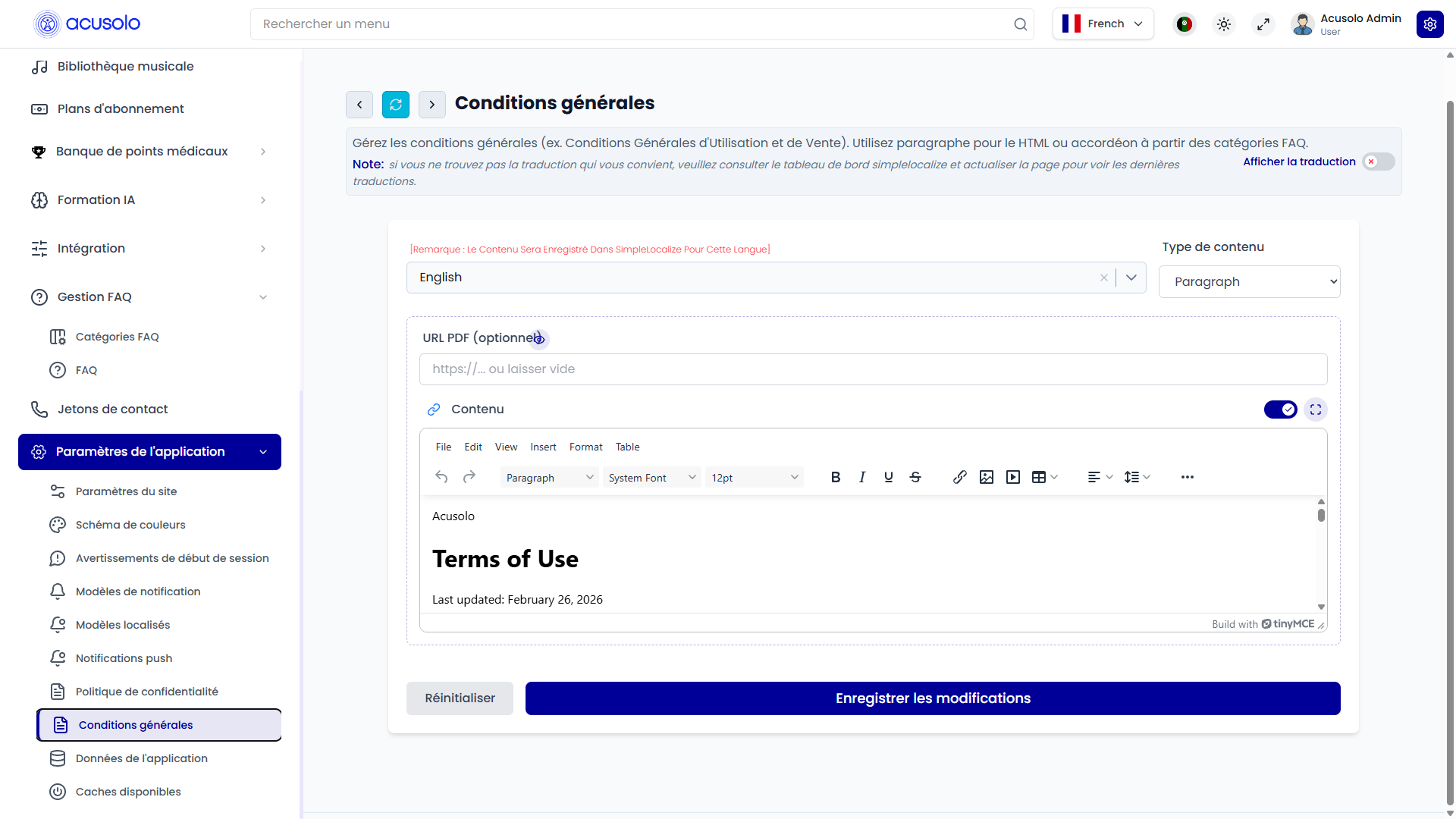 Manage terms and conditions page