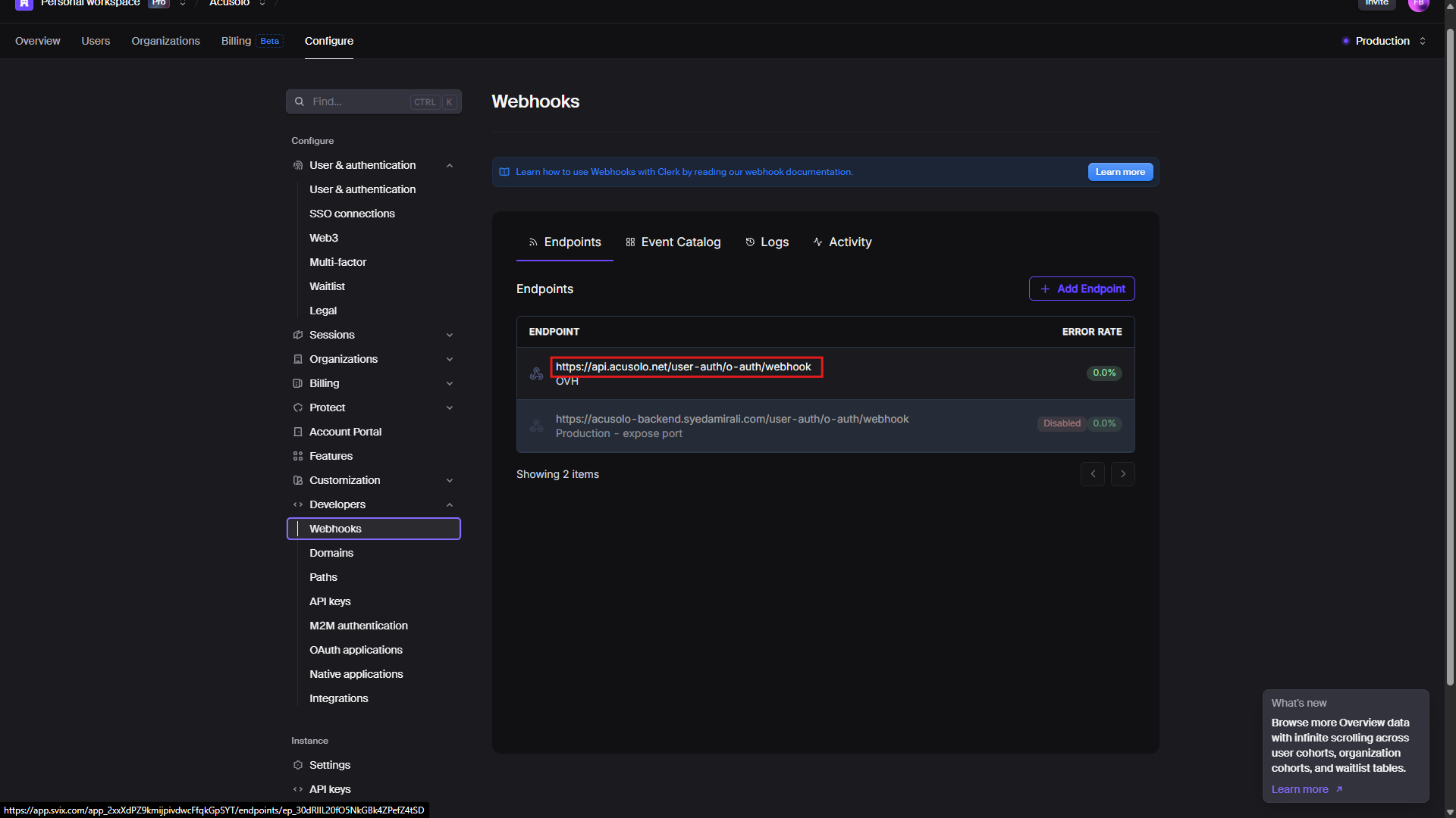 Clerk webhook setup — endpoint and webhook event configuration