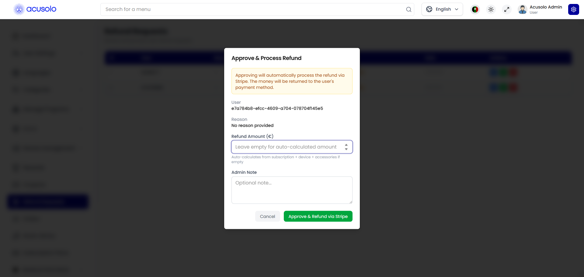 Approve refund request modal