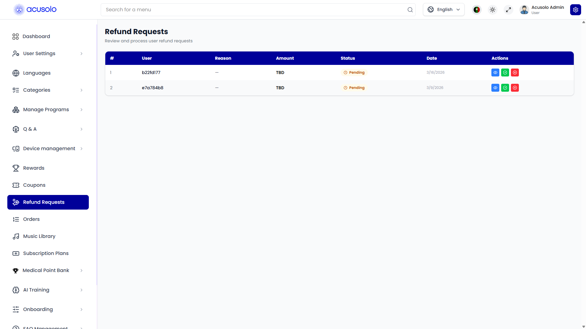 Admin refund requests list — request rows and actions