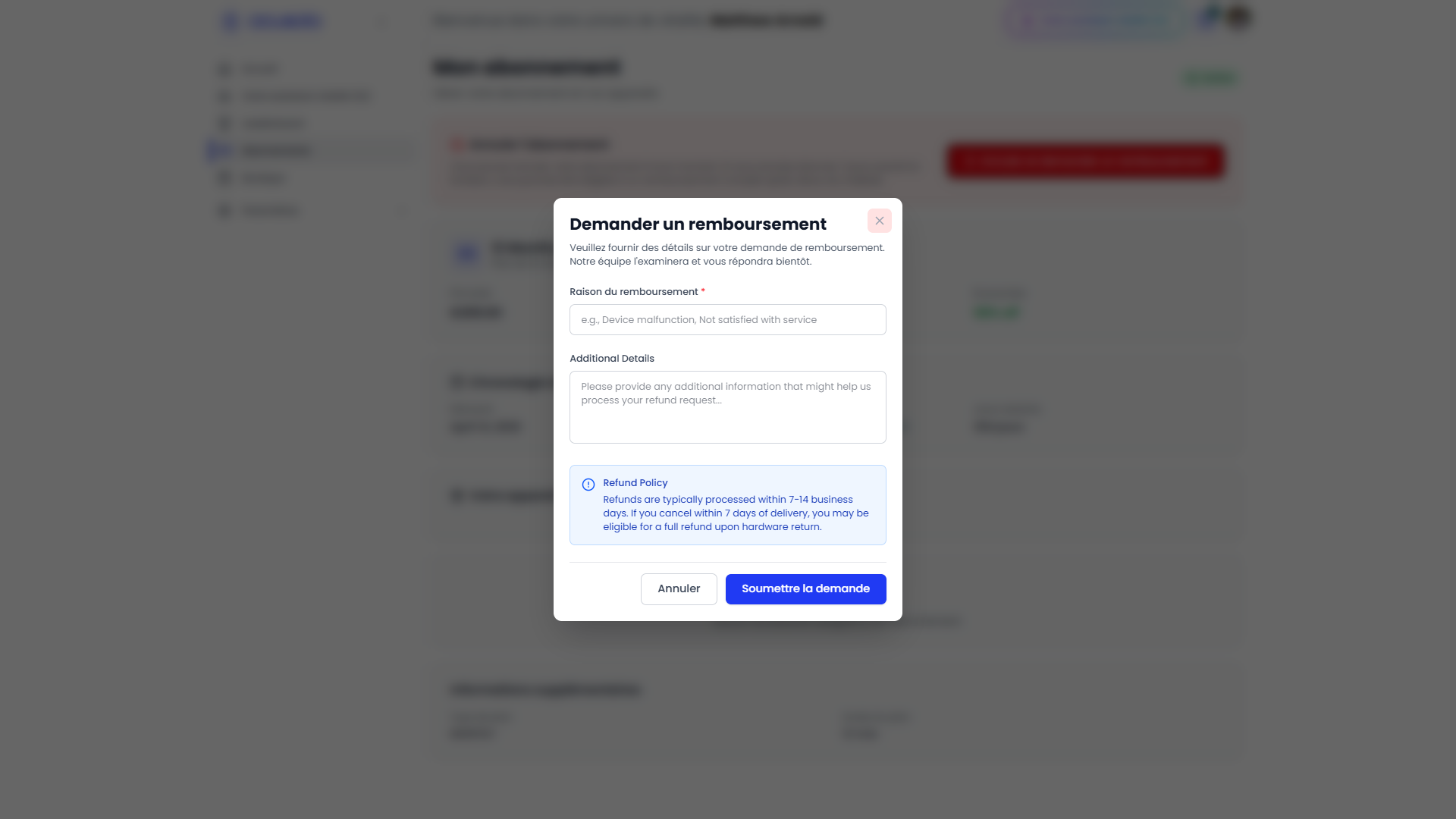 Web app refund request form