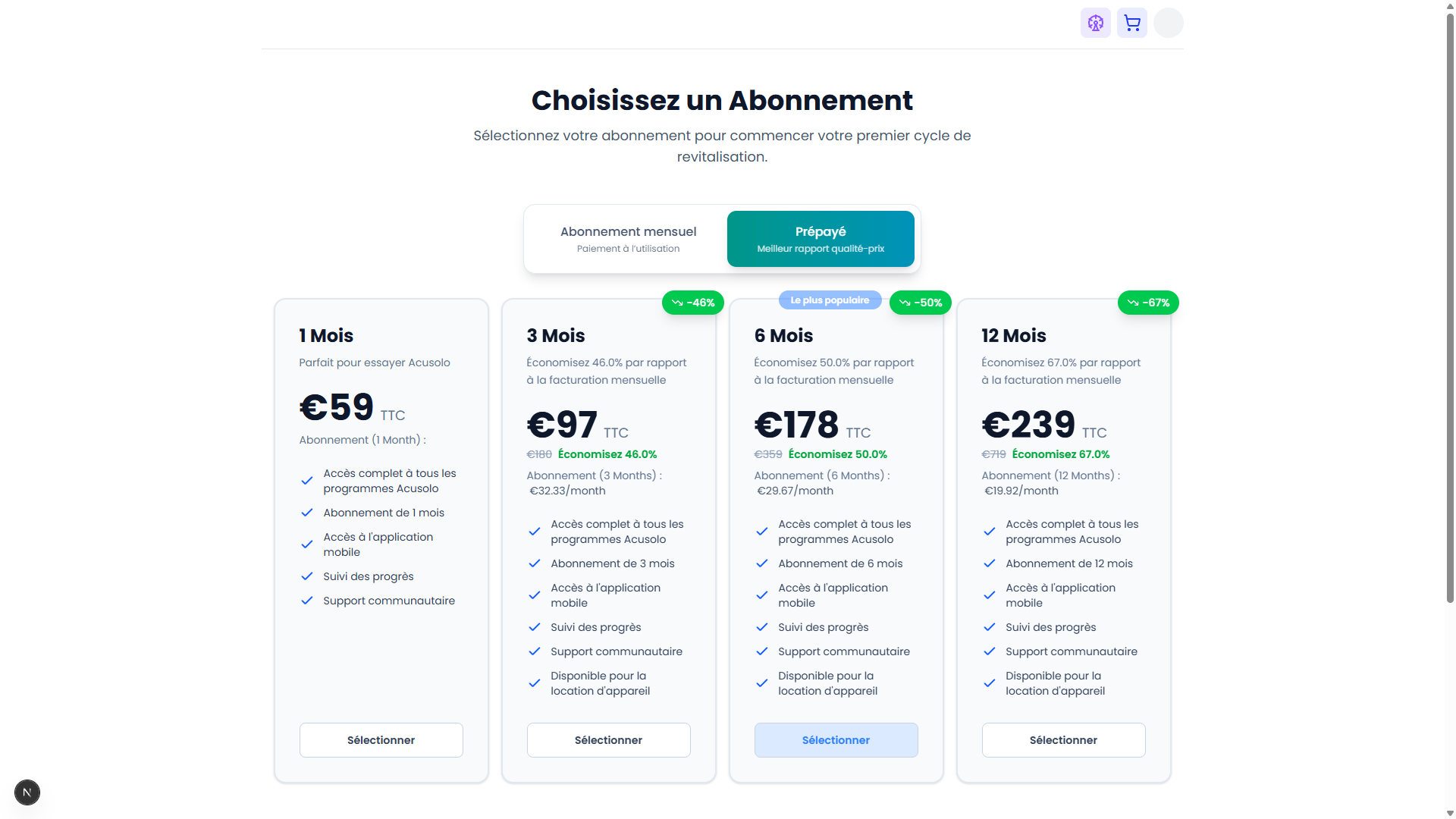 Web app plans page — available subscription plans
