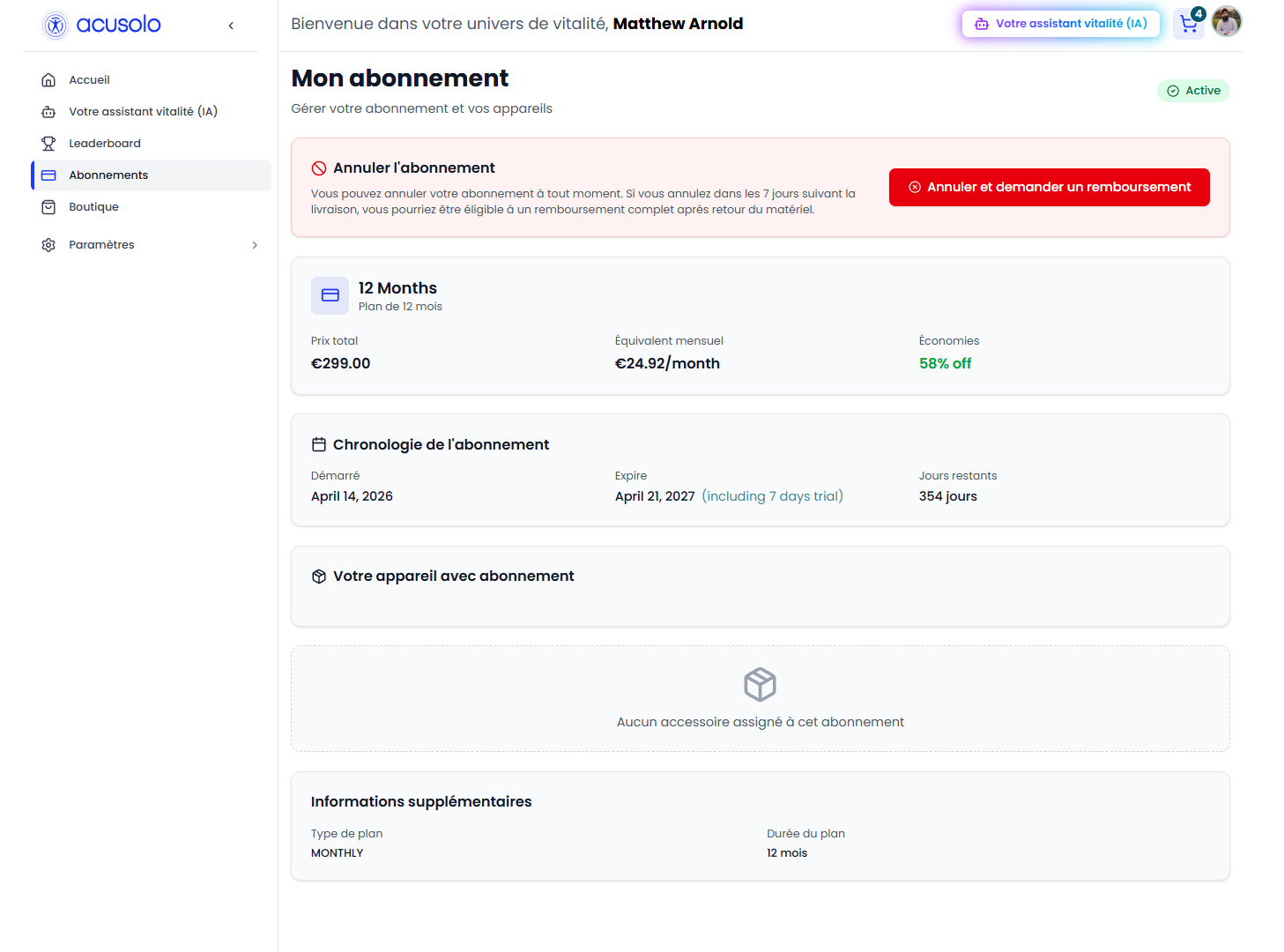 Web app user plans page — subscribed plan details